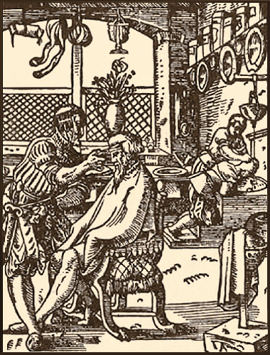 Holzschnitt: Meister schneidet einem Mann das Haar, Gehilfe bei Kopfwäsche eines anderen