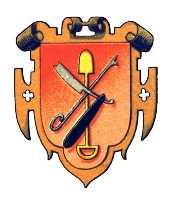 orangerotes verschnörkeltes Wappen mit Rasiermesser und anderen Gerätschaften