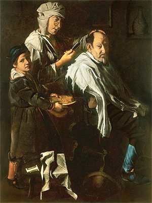 Gemälde: Haarschneiderin und kleiner Gehilfe bedienen einen Kunden - 1690, Italien