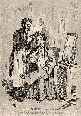 Kupferstich: ein Herr wird mit einer Lockenbrennschere bearbeitet - 1800, England