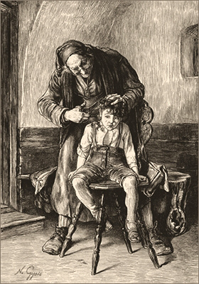 sw lavierte Federzeichnung: verängstigter Knabe beim Haarschneider - 1880