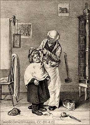 sw Litho: Ein Barbier schneidet eines Knaben Haar - 1890, England