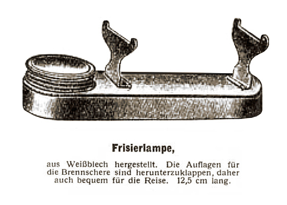 sw Zeichnung: Weißblechbehälter für Spiritus mit klappbaren Brennscherenauflagen und Schraubdeckel über Docht - 1925