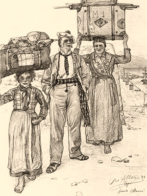 Zeichnung: zwei Frauen tragen am Hafen Touristengepäck auf dem Kopf