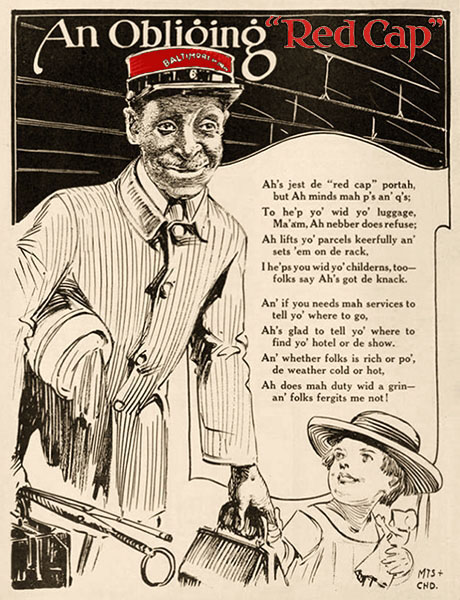 sw Zeichnung + Verse: Gepäckträger mit kleinem Mädchen an der Hand - 1923, USA