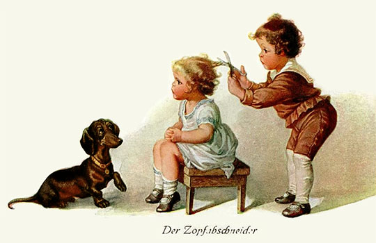 farbige KünstlerAK: kleiner Bube schneidet kleinem Mädel den Zopf ab - 1924
