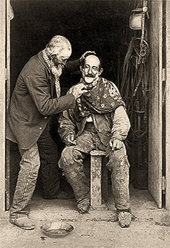 sw Foto: Mann auf Schemel beim Dorfbarbier - 1890, Argentinien
