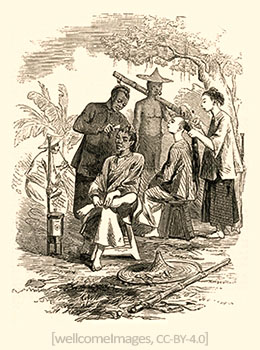 Zeichnung: zwei Chinesen frisieren Kunden unter Bäumen - 1890