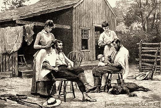 Radierung: zwei Rancher lassen sich im Freien die Haare schneiden - 1900, Texas