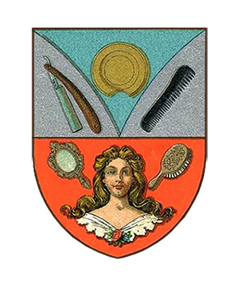 Wappen mit Rasiermesser, Rasierschale, Kamm, Handspiegel, Bürste + Perücke - 1900