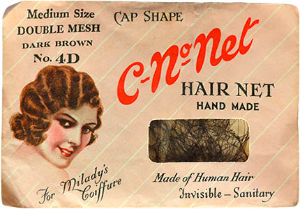 Farbfoto: Haarnetz aus Echthaar in Verpackung - 1930, England