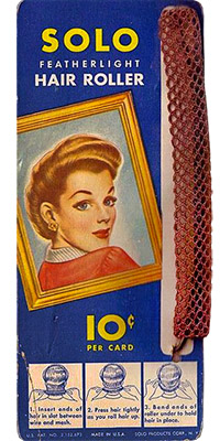 Farbfoto: Pappkarte mit filigranem Drahtgitterwickler - 1940, USA