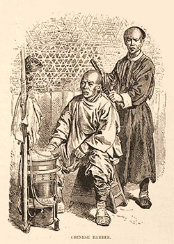 sw Postkarte: chinesischer Straßenbarbier frisiert einen Mann - 1884