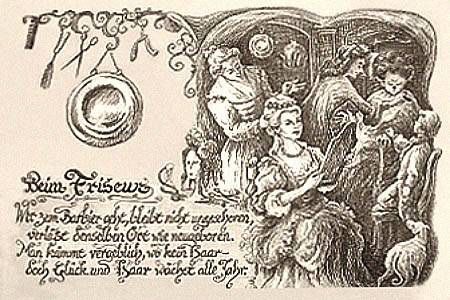 Zeichnung: Friseurszene aus dem 19. Jahrhundert + Spruch