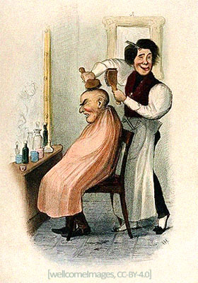 Farblitho: schalkhafter Friseur bürstet älterem Herrn die Glatze