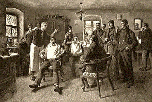 sw Gemäldefoto: zwei Herren werden vom Friseur und seiner Frau bedient, weitere Kunden warten plaudernd - 1885, Ungarn