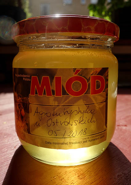 Farbfoto: Schraubglas mit goldflüssigem Waldbienenhonig