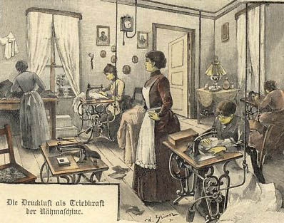 Holzstich: Frauen arbeiten an Nähmaschinen