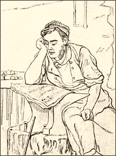 Zeichnung: Schmied liest in einer auf dem Amboss aufgelegten Zeitung