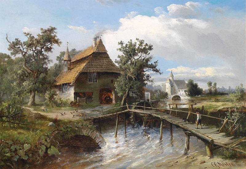 Gemälde: Bachlauf mit Holzsteg, der zur dahinter liegenden Dorfschmiede führt - 1881