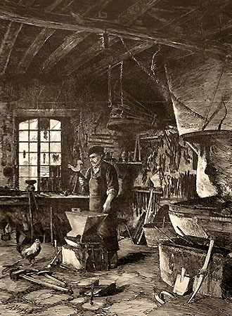 Federzeichnung: Schmied in seiner Werkstatt begutachtet einen Wetterhahn - 1882