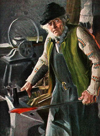 Kunstpostkarte: Schmied mit Strickjacke und Filzhut bei der Arbeit - 1911