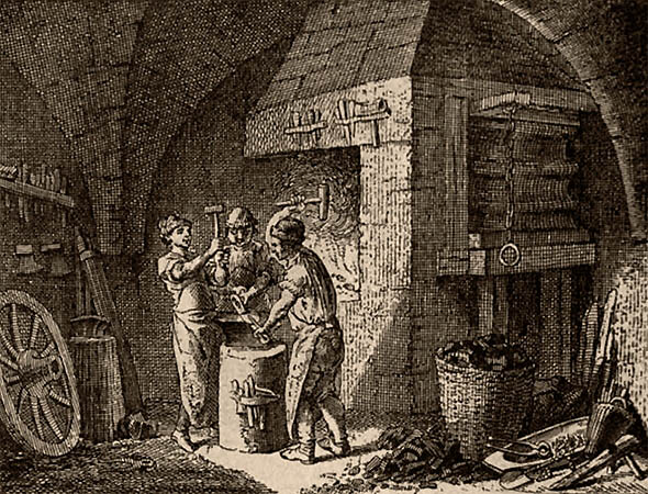 Holzstich: drei junge Schmiede arbeiten vergnügt am Amboss - 1750