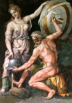Gemälde: Thetis steht neben arbeitendem Hephaistos