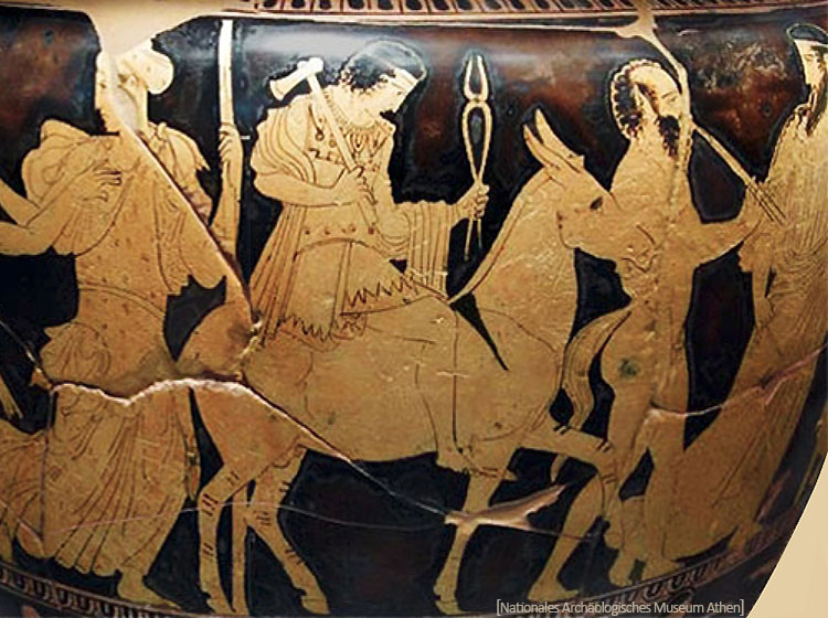 bemalte Keramik: Hepaistos mit Hammer und Zange auf einem Esel reitend