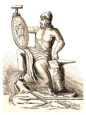 Zeichnung: Hephaistos auf dem Amboss sitzend begutachtet ein geschmiedetes Schild