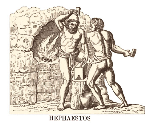 Holzstich: Hephaistos und Geselle vor Kamin am Amboss arbeitend