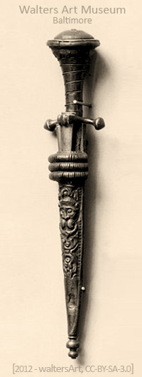 sw Foto: klobiger Dolch und Kleinmesser in Lederscheide mit eingeprägtem Löwenkopf - 16. Jh