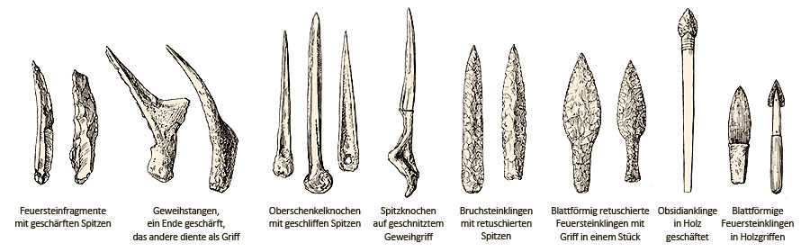 Zeichnung: verschiedene 'Klingen' aus Geweih, Knochen, Feuerstein und Obsidian