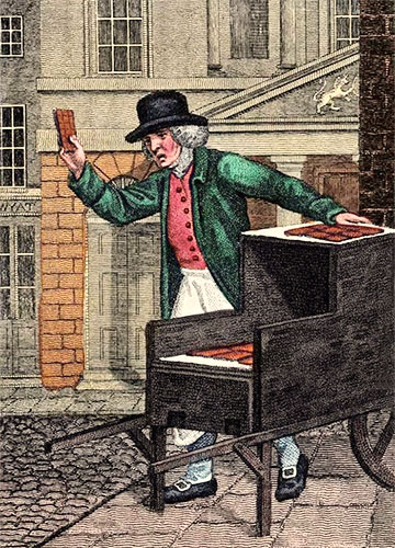 kolorierter Stich: Lebkuchenverkäufer mit seinem Karren auf der Straße - 1804