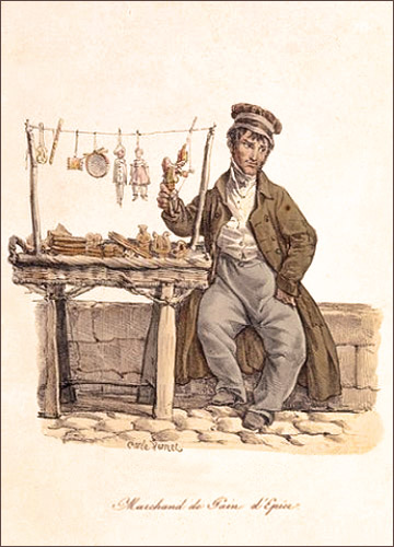 Farblitho: auf Mäuerchen sitzender Händler bietet Lebkuchen an - 1820, Frankreich