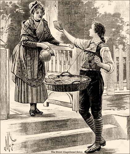 sw Litho: junger Händler mit vorgebundenem 'Bauchkorb' bietet Frau Ingwerbrot an - 1897, England
