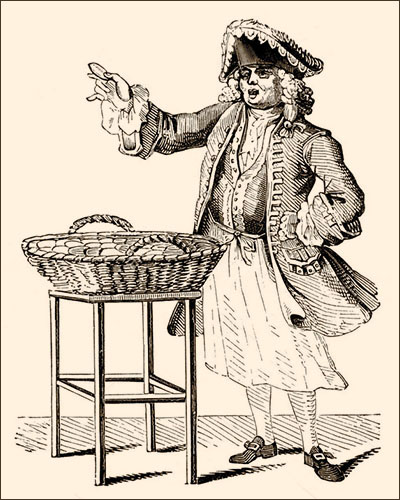 Tuschezeichnung: Herr mit 'Dreispitz'-Hut bietet Lebkuchen feil - 1850