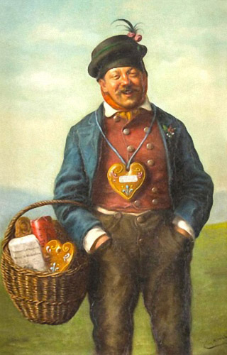 Gemälde: fröhlicher Mann mit umgehängten Lebkuchenherz und Henkelkorb mit Lebkuchen am Arm
