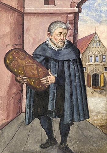 Buchmalerei: Stüber steht auf vor einem Torbogen und hält eine große Lebkuchenform in Händen - 1624