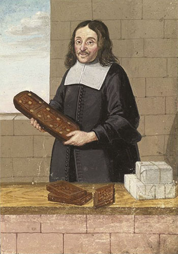 Buchmalerei: Lierdt steht eine Lebkuchenform haltend an niedriger Mauer, auf der Lebkuchen und verschnürte Pakete liegen - 1677