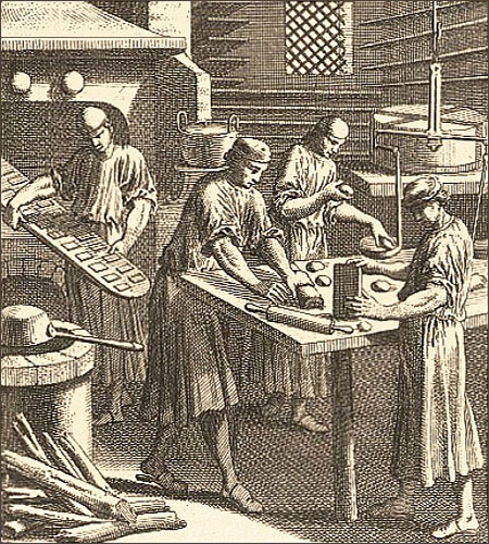Kupferstich: 4 Lebküchner bei verschiedenen Arbeitsschritten - 1698