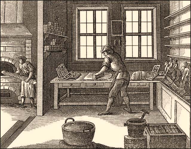 Kupferstich: Lebzelter füllt Formen, Gehilfe versorgt Ofen - 1782