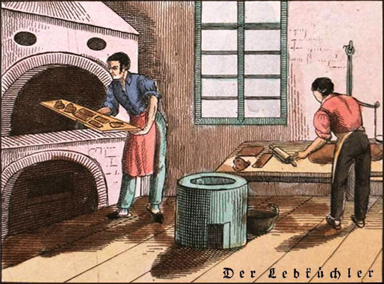 kolorierter Stich: ein Mann rollt Teig aus, ein anderer schiebt Lebkuchen in den Ofen - 1833