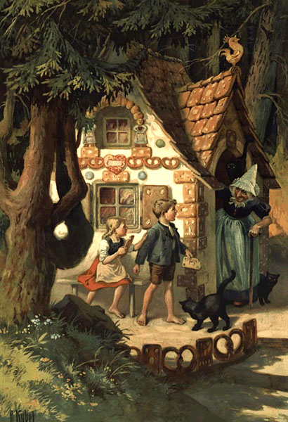 Farbdruck: aus dem Haus kommende Hexe überrascht die an Lebkuchen knabbernden Kinder - 1910