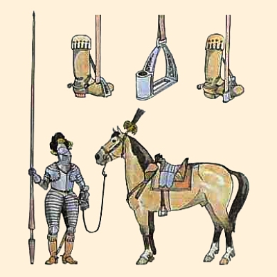 kolorierte Zeichnung: Pferd mit Steigbügel, gehalten von Ritter in Rüstung mit Lanze - 13. Jh