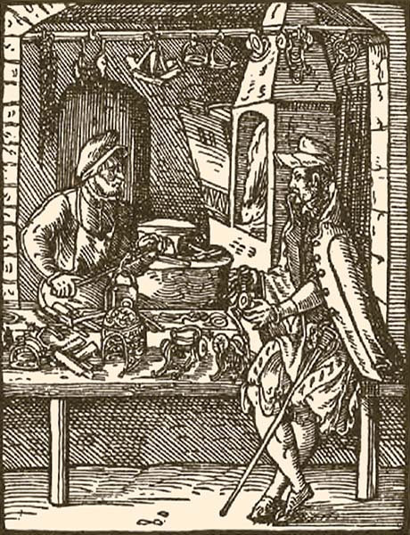 Holzschnitt: vornehmer Herr begutachtet Waren beim Sporer - 1568