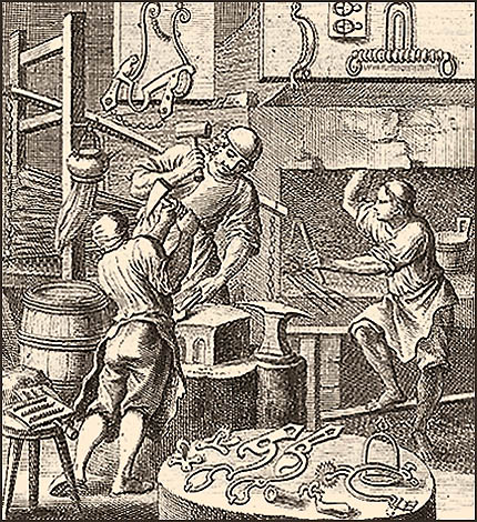 Kupferstich: Sporer und zwei Gehilfen bei der Arbeit - 1698