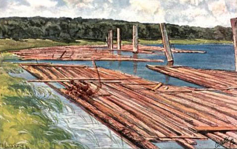 Gemälde: Flöße liegen bereit am Seeufer
