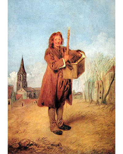Gemälde: junger Savoyarde mit Flöte und Murmeltier auf Tragkiste - 1716, Frankreich