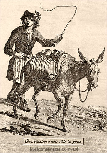 Holzstich: Händler treibt Esel mit Essigfässchen vor sich her - 18. Jh